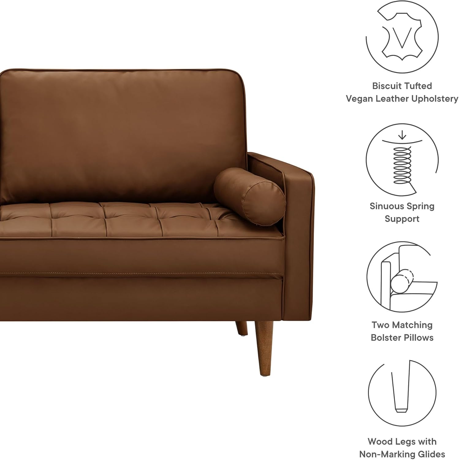 Modway Valour 73 Inch Faux Leather Sofa in Brown – Upholstered Sofa with Tufted Seat - 3-Seater Leather Couch with Cozy Wide Seats - Mid-Century Modern Couch for Living Room