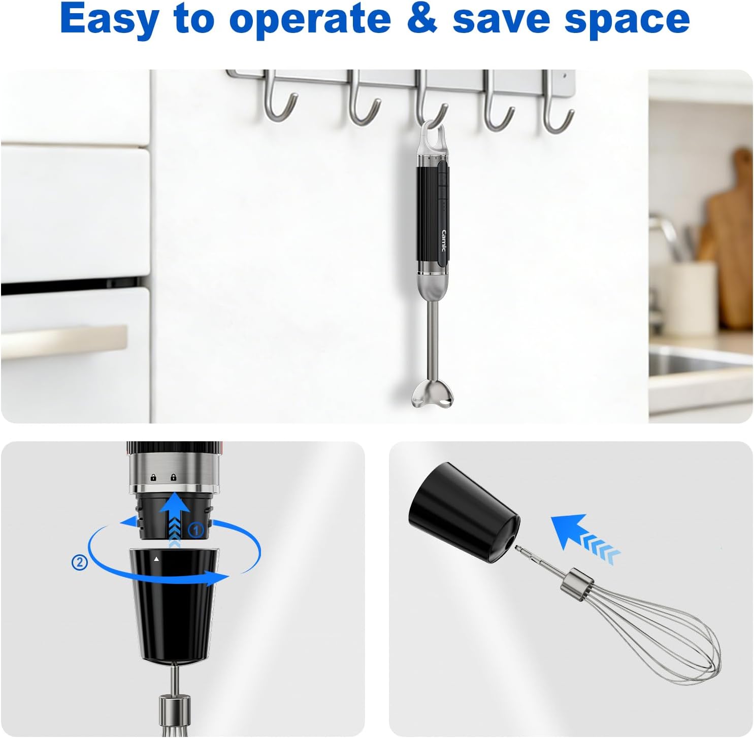Cordless Immersion Hand Blender with Charging, 4 in 1 Hand Blenders Set,6-Speed Turbo, Wall-Mountable Design, Includes Chopper, Whisk & Frother for Soup, Baby Food & Smoothies (Black)