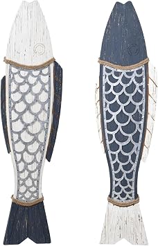 Stylecraft Home Collection Couple of Fish Rustic Blue and White Wood Wall Art Decor - Set of 2