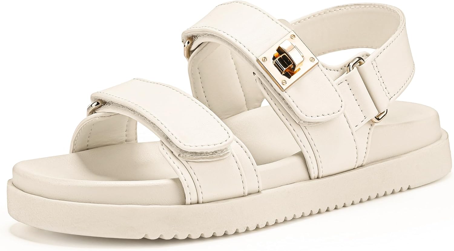 Flat sandals with double straps and cushioned footbed for summer.