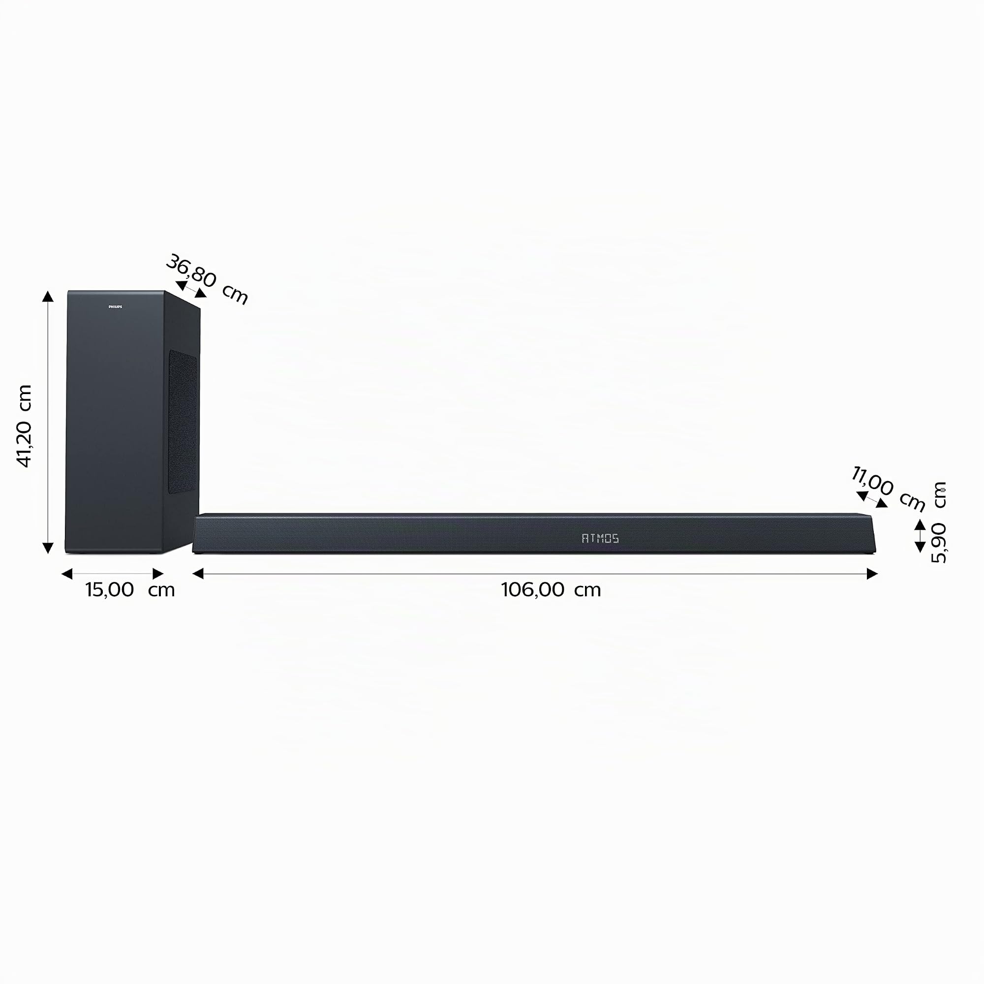 PHILIPS Audio B8805/10 TV Barre de Son Caisson de Basse sans Fil (31 Canaux, 400 W, Bluetooth, Dolby Atmos, Hdmi Earc, Compatible DTS Play-FI, Assistants Vocaux, Profil Bas)