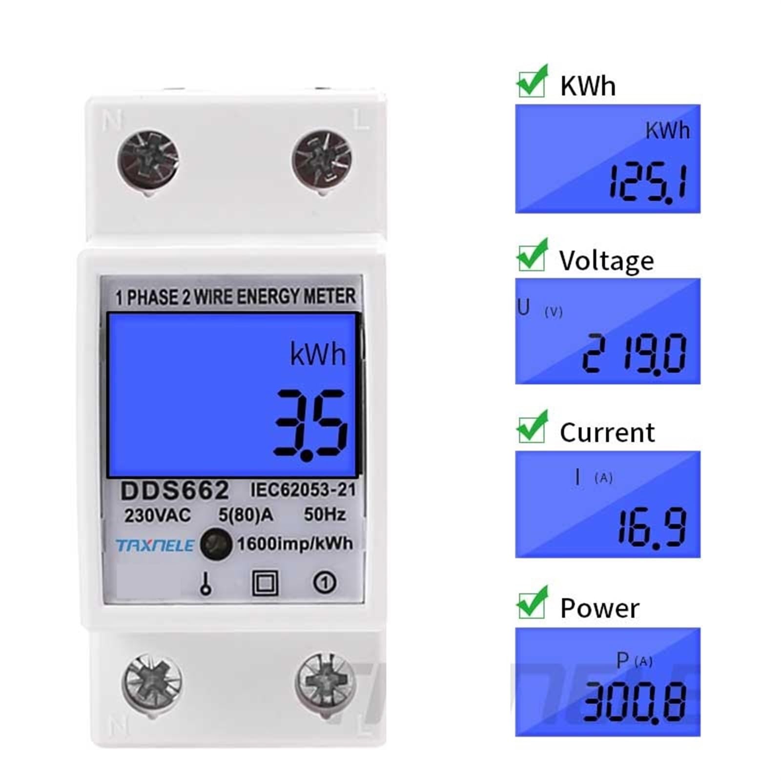 Dwuprzewodowy jednofazowy miernik mocy z cyfrowym wyświetlaczem LCD, zużycie energii, licznik prądu kWh AC 230 V 50 Hz, elektryczna szyna din (z podświetleniem)