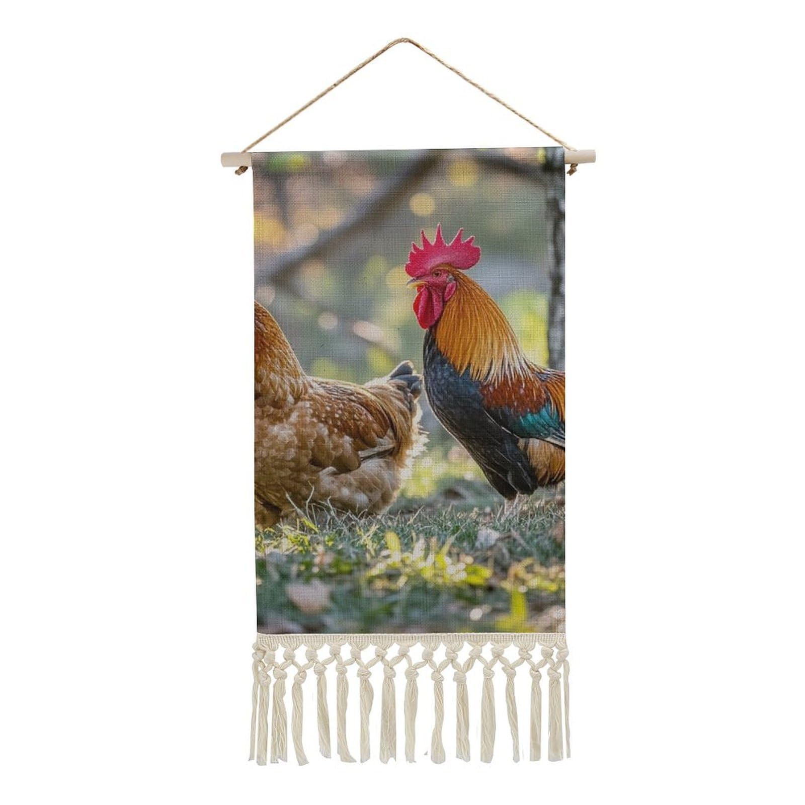 FekiLoot Beautiful Rooster Hen Wall Art Poster Hanger Frame Vertical Tassel Tapestry Cotton Linen Hanging Poster Decorative Wall Art Prints Vintage Wall Art Decor for Home Bedroom Living Room Office