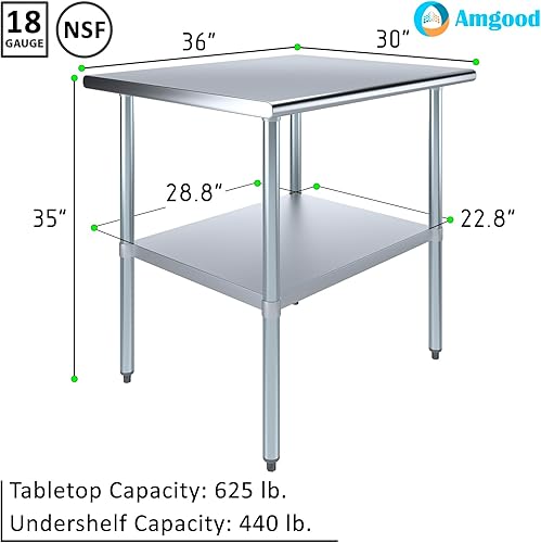 Vista 519 de AmGood Mesa de trabajo de acero inoxidable de 18 pulgadas x 36 pulgadas Mesa de preparación de alimentos de cocina de metal NSF