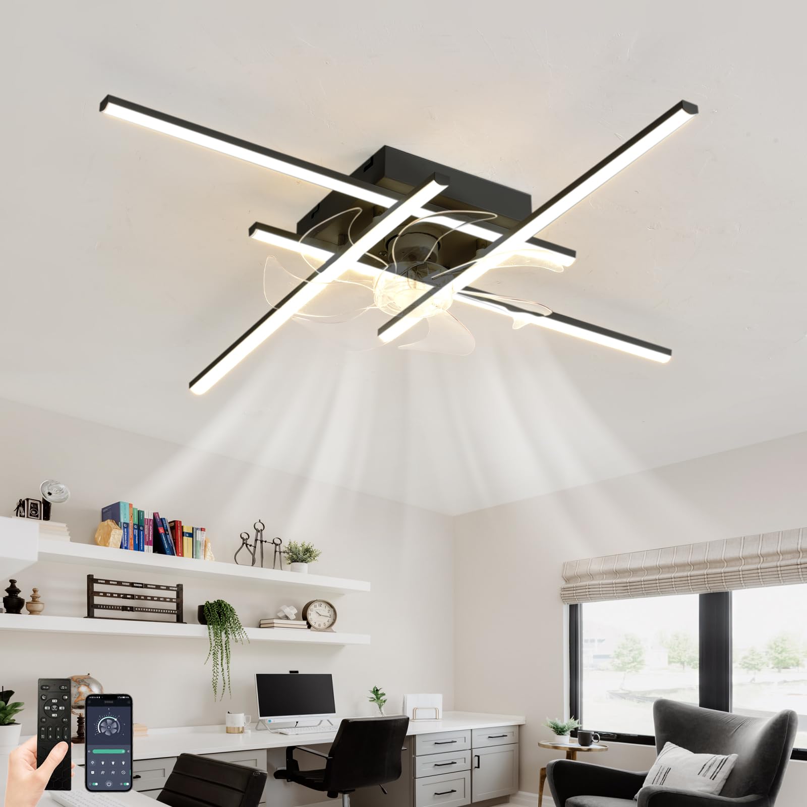 SXDMOUBK Quiet Ceiling Fan with LED Light,6 Speeds,Modern Ceiling Fans with Lights,Timer,Fan Light with Remote Control and APP,Memory,Dimmable for Living Room and Bedroom-Black