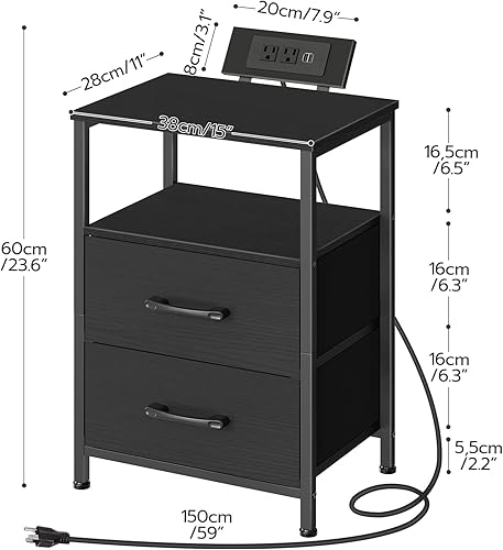 Miniatura 3 de HOOBRO Mesita de noche con estación de carga y luz LED, mesita de noche LED con 2 cajones de tela, mesa auxiliar con salidas y puertos USB, mesitas