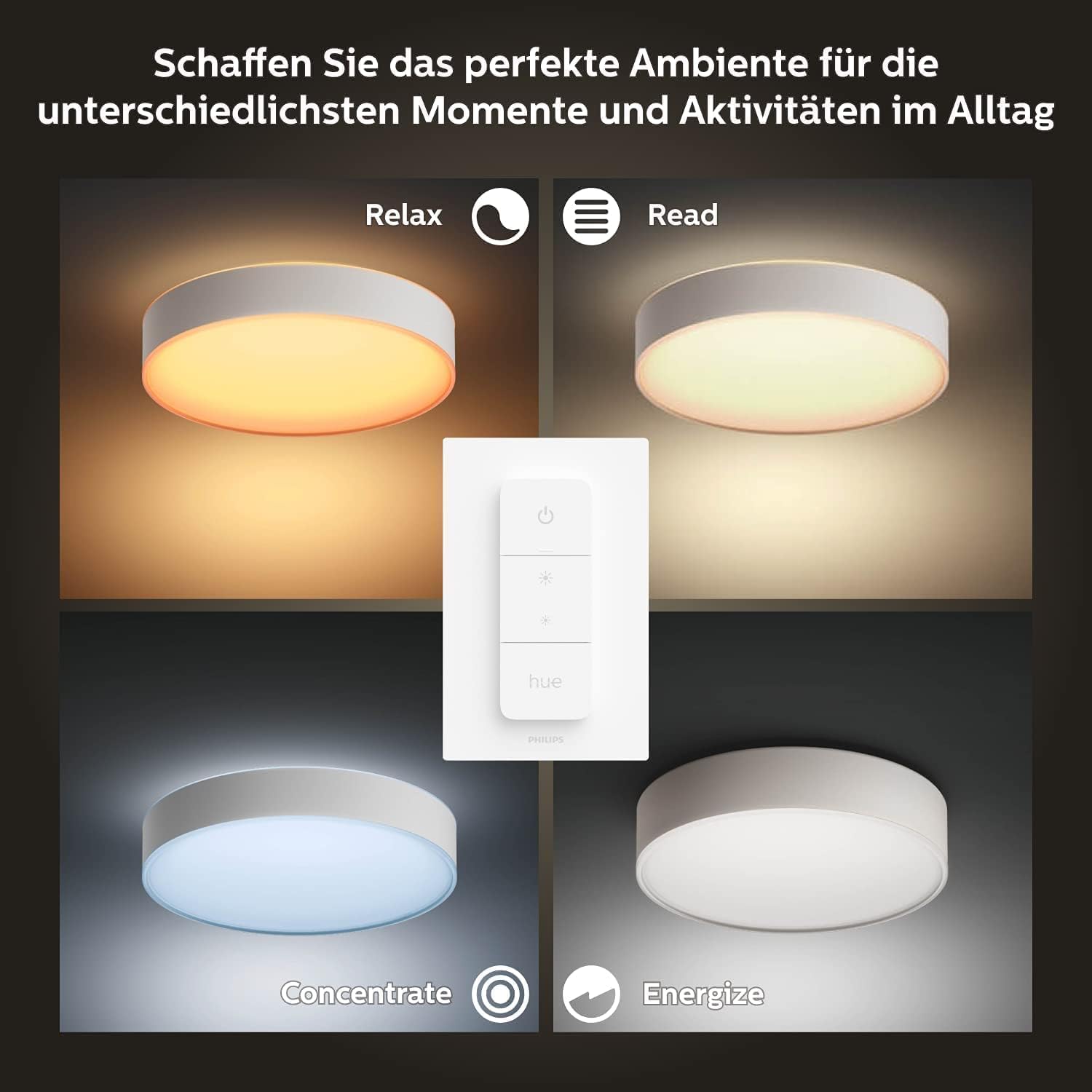 Philips Hue White Ambiance Enrave Deckenleuchte XL (6.100 lm) inkl. Dimmschalter, dimmbare Deckenlampe für das Hue Lichtsystem mit allen Weißtönen, smarte Lichtsteuerung über Sprache und App, weiß