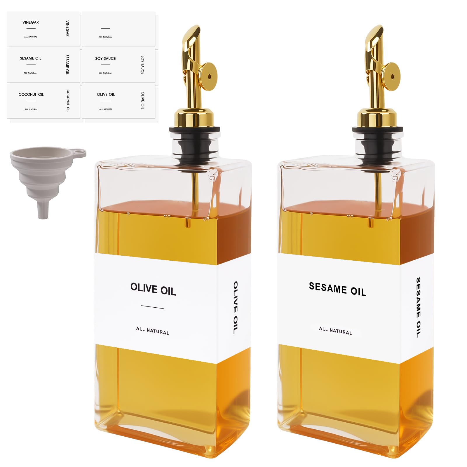 Set di 2 Oliera Salvagoccia, 500ml Bottiglie per Olio con Dosatore, Dispenser per Olio Cucina, Oliera Vetro da Tavola con Etichetta e Imbuto,Contenitore Olio da Barbecue