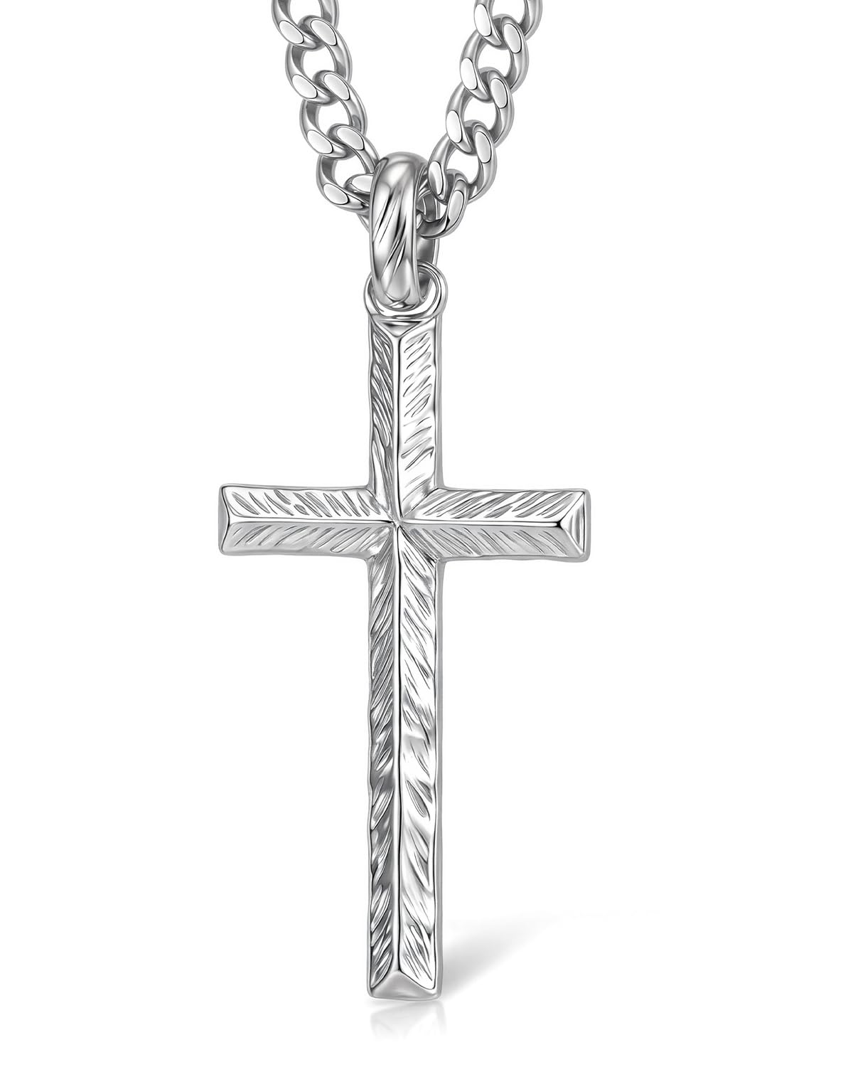 Cross Necklace for Men, Oxidized Solid 925 Sterling Silver Pendant, 3.5mm Stainless Steel Cuban Chain 22", Men's Jewelry Christmas Birthday Gifts for Him, Christian Baptism Confirmation Gifts for Son