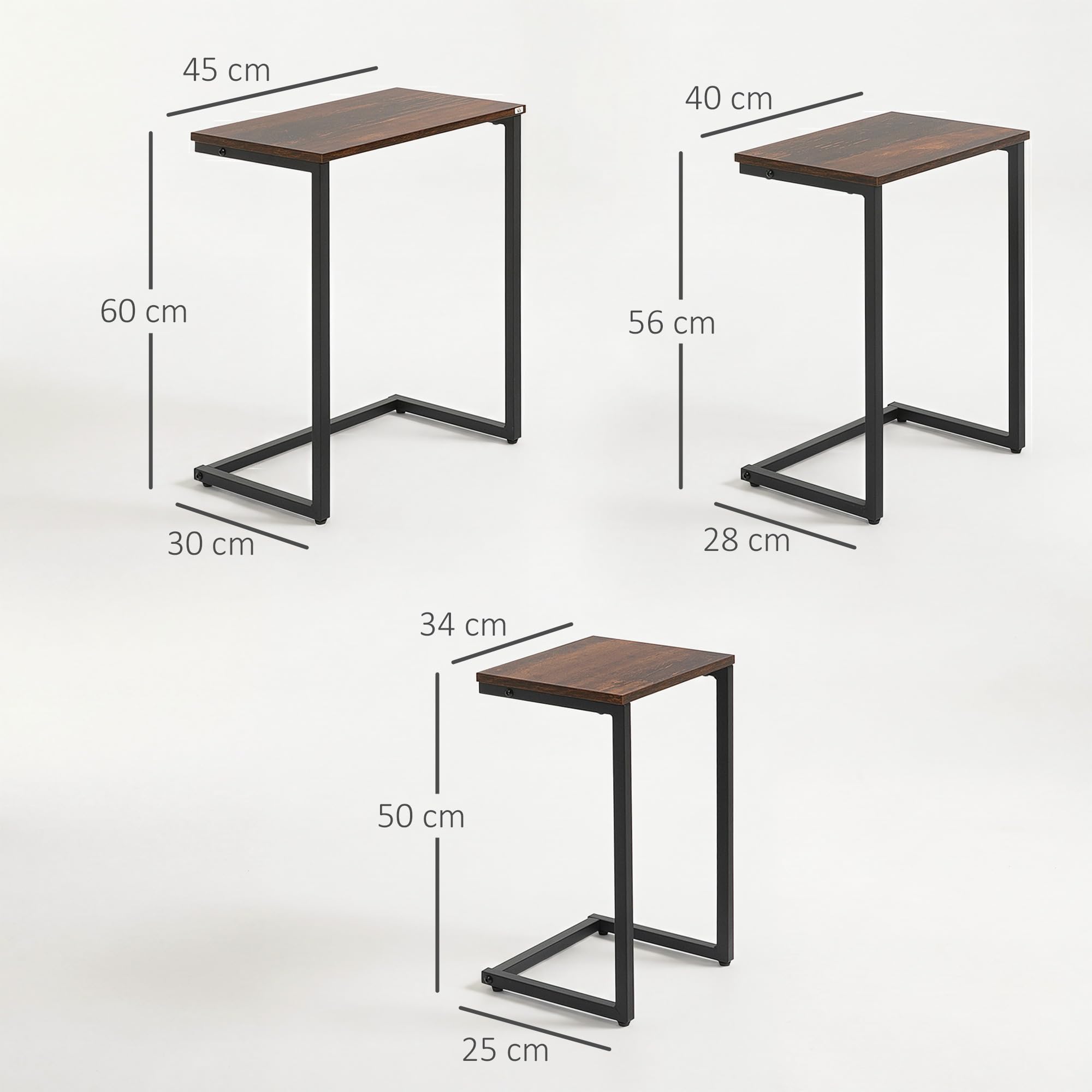 HOMCOM Juego de 3 Mesas Auxiliares Mesas Nido Industrial en Forma de C con Patas de Acero para Salón Dormitorio Oficina 45x30x60 cm 40x28x56 cm y 34x25x50 cm Marrón Rústico