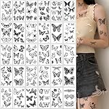 30 Sheets Butterfly Temporary Tattoos for Women Girls 3D Butterfly Flower Sexy Fake Tattoo Stickers Waterproof Body Art Black Temp Tattoo Paper (Black Butterfly)