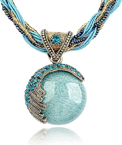 Uso diario, estilo retro, vintage, bohemio, con cuentas, cadena de cuerda con diamantes de imitación, turquesa, collar con colgante de collar de