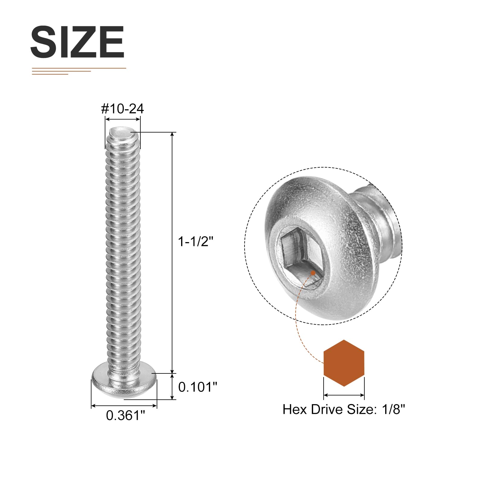 DTGN #10-24x1-1/4" Button Head Socket Cap Screws, 20Pack, Good for Machine, 304 Stainless Steel 18/8 - Image 2