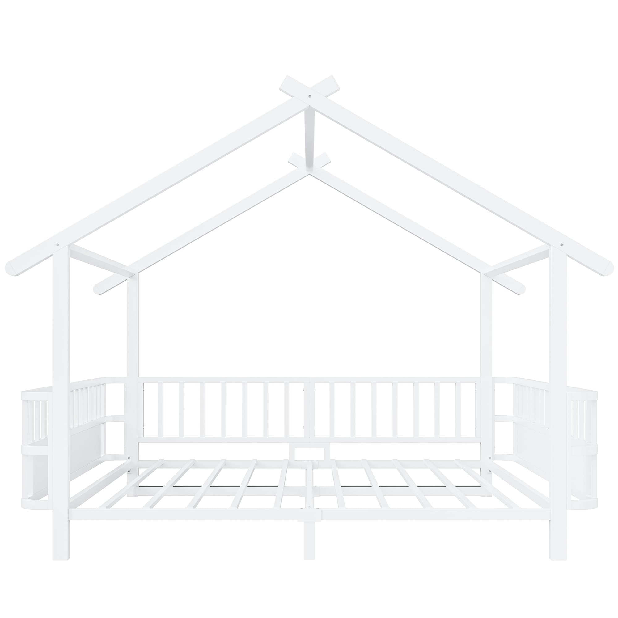 Merax Kinderbett aus Metall in Hausform 140x200 cm mit Sicherheitsgitter & Dachdesign – Weiß (Ohne Matratze)
