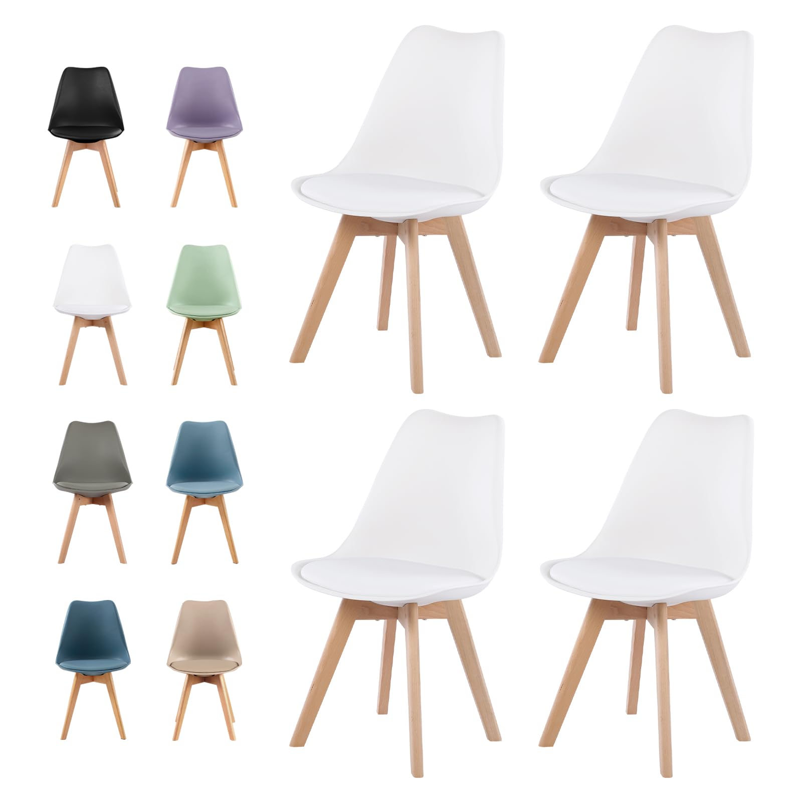 buybyroom Modern Dining Chairs Set of 4 with Wooden Legs and Soft Cushion for Living Room, Garden, Kitchen, Bedroom, Outdoor and Office, White