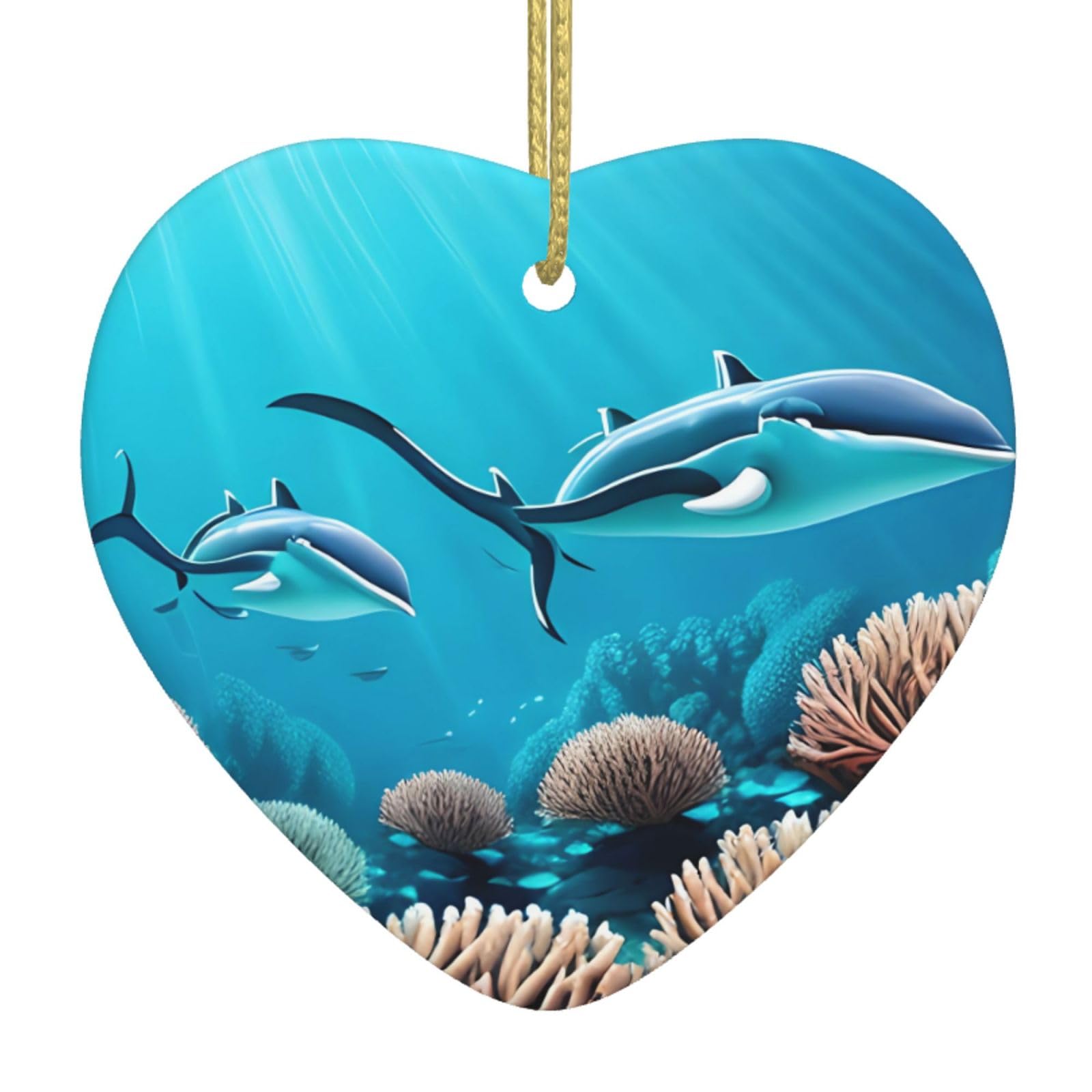 Deep Sea Whales Ceramic Christmas Heart Pendant with Silk Thread, Christmas Tree Home Decoration
