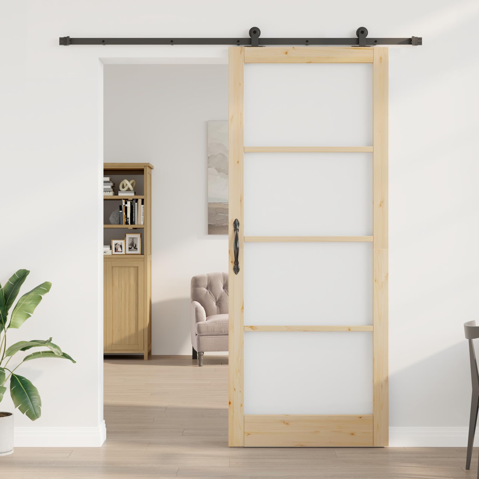 Drzwi przesuwne z okuciami ORKDAL 93 x 232 cm z litego drewna sosnowego z nieprzezroczystym szkłem dla prywatności i nowoczesnego wzornictwa
