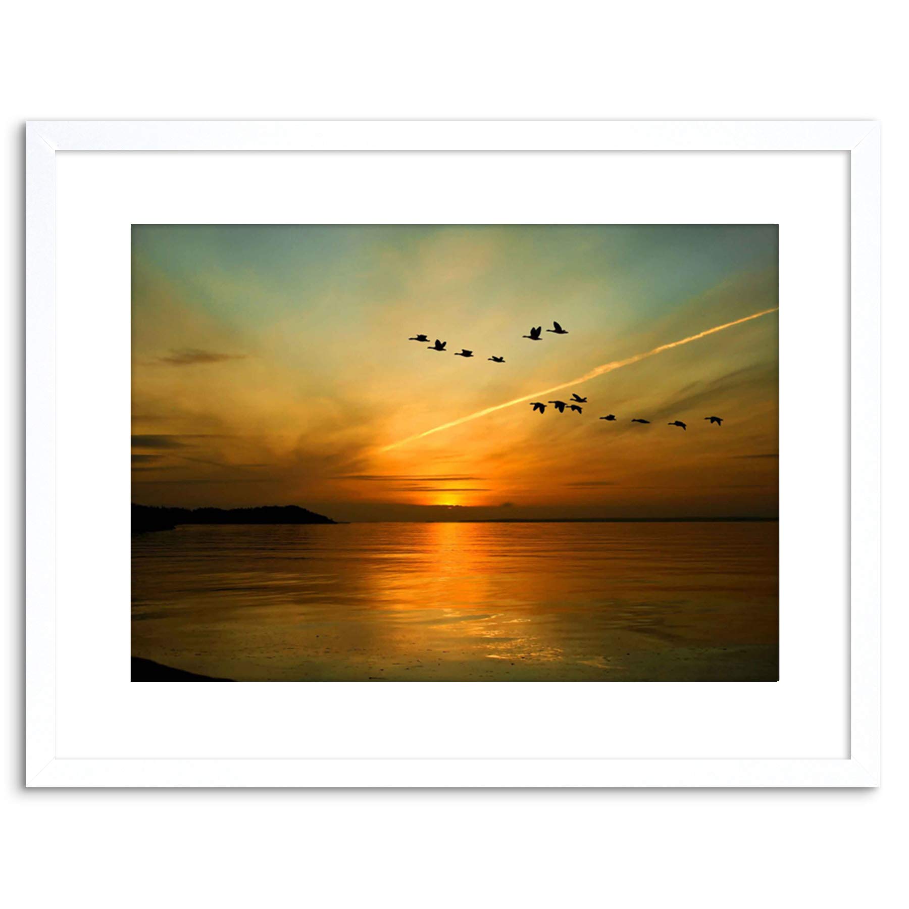 Wee Blue Coo 9x7 '' GEESE BIRD FORMATION SUNSET LAKE FRAMED ART PRINT PICTURE PHOTO F97X366