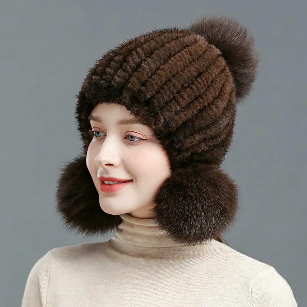 QXDZSW Bonnet chaud d'hiver en fourrure de vison pour femme avec pompon en fourrure de renard sur le dessus