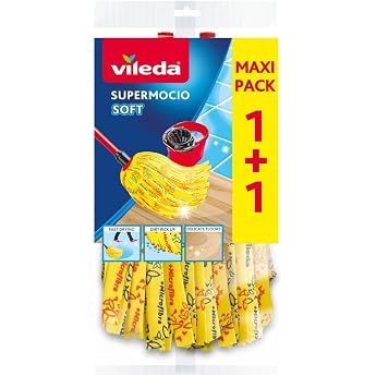 Vileda SuperMocio Soft Mop Replacement Head, 30% Microfibre, Pack of 2 | 30% Microfibre | Efficient Against Greasy Dirt and S