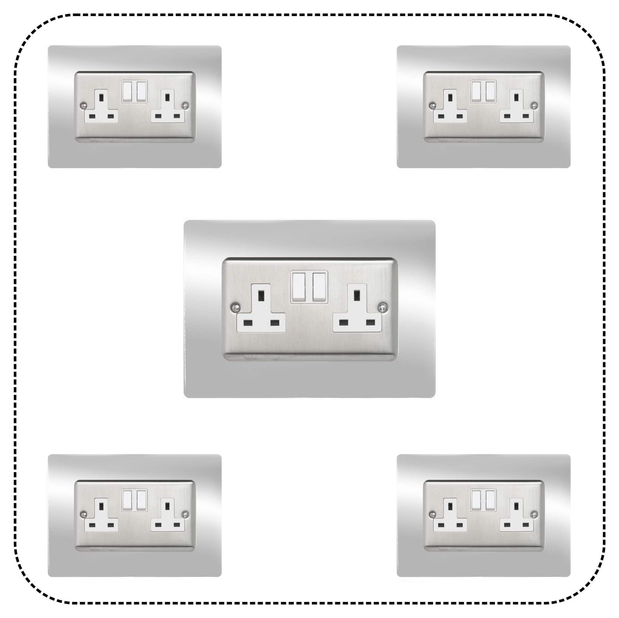 5X Double Socket Surround, Acrylic Back Panel or Plate, Protect Wall from Finger Prints (Silver Mirror)