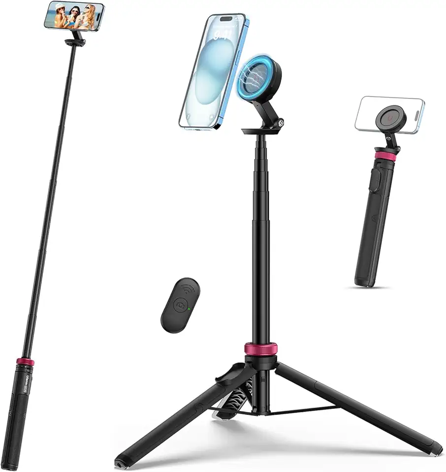 Ulanzi Tripé Magnético de 61 Polegadas com Controle Remoto para iPhone 15/14/13/12, Tripé Extensível, Suporte Portátil para Selfie/Foto/Vivo/Vlog, Rosa