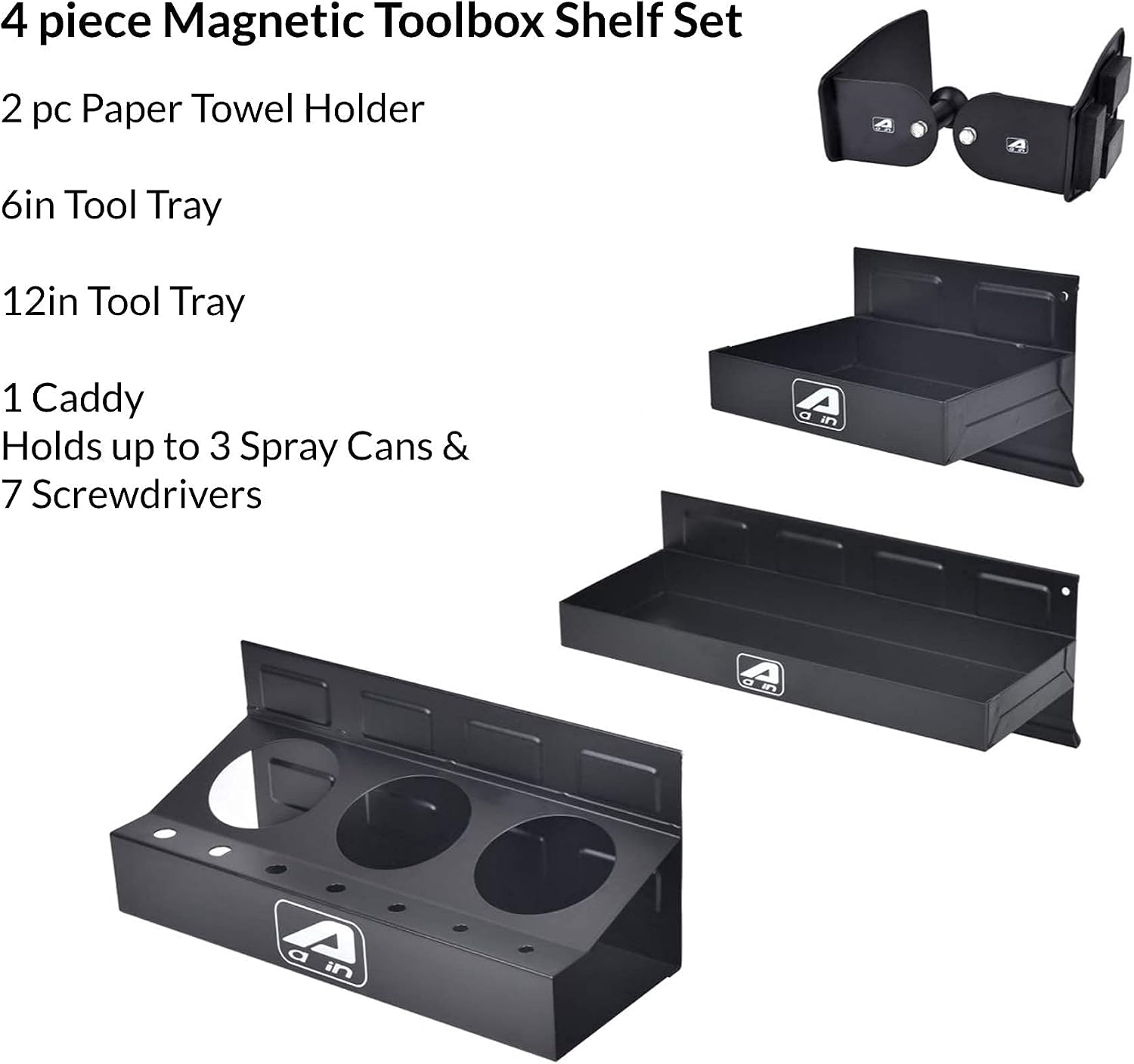 4 PCS Magnetic Shelf Tool/Parts Storage box Trays Set - ToolBox Organizer Chest - Cabinet Van Workshop Screwdriver Holder for Rolling Tool Cart, With 3 Can Tray/2 PCS Wide Trays/Paper Towel Holder