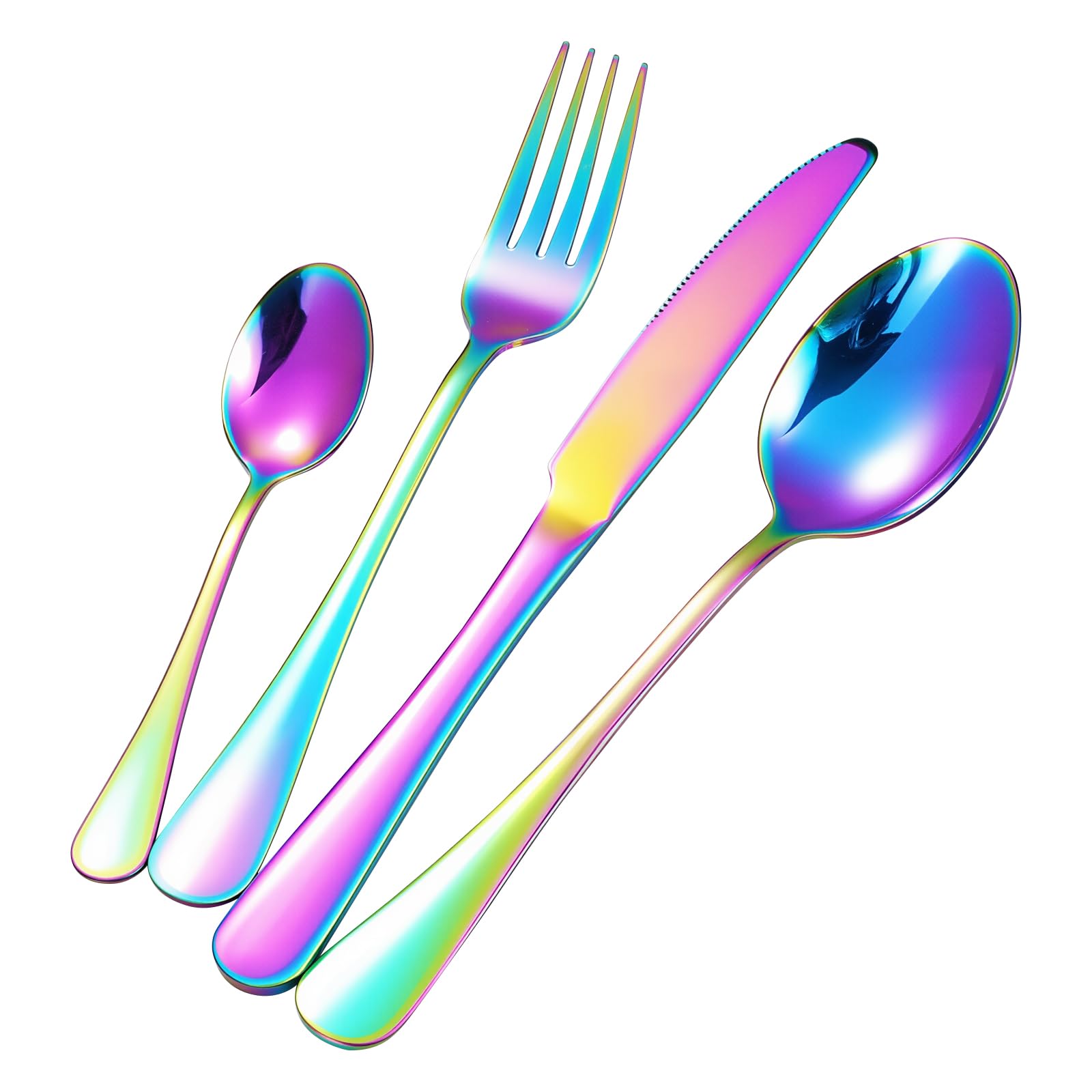 Juego de cubiertos para 6 personas, arco iris, 24 piezas, acero inoxidable, para camping, multicolor, incluye cuchara, tenedor y cuchillo, cubiertos de metal aptos para lavavajillas