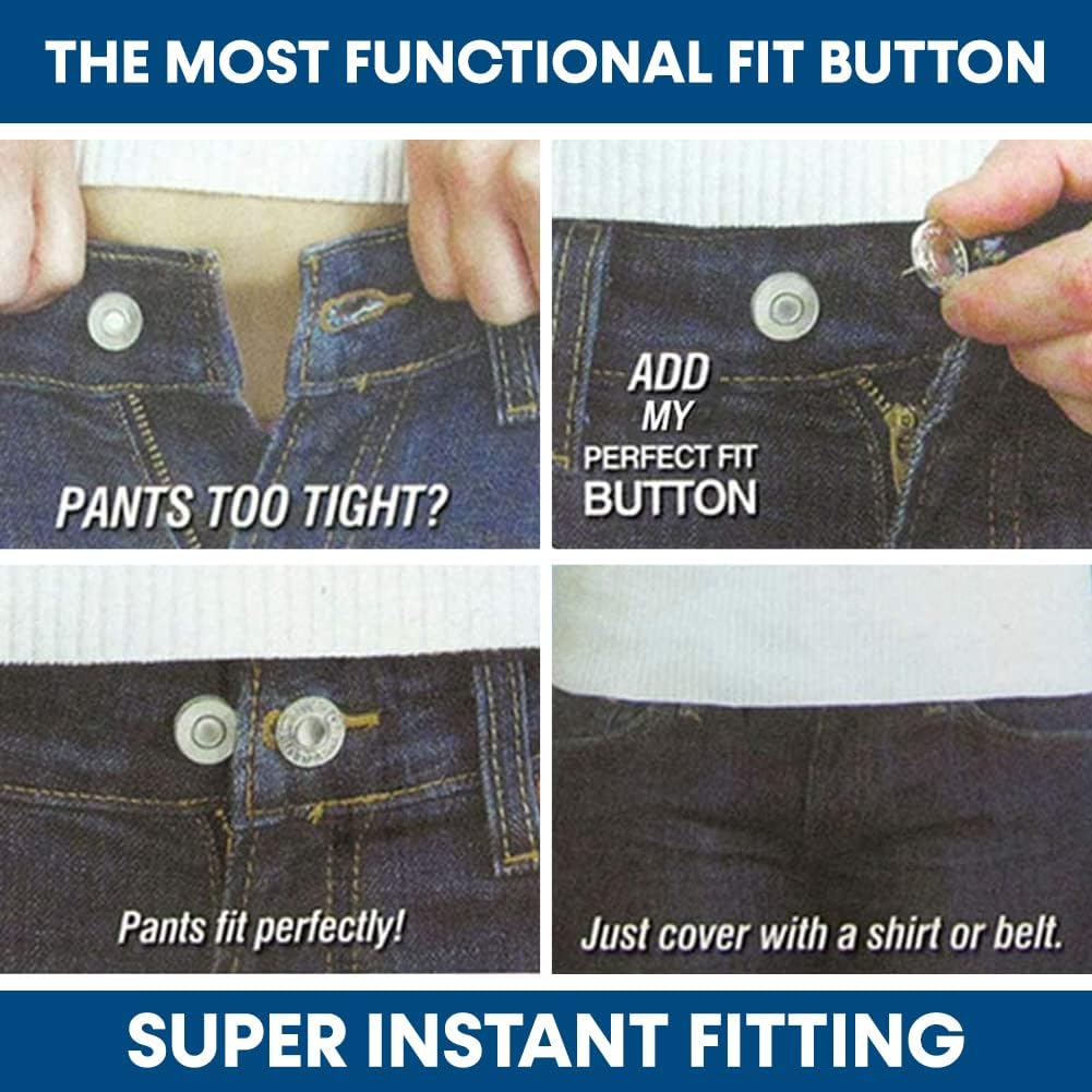 Jean Buttons Replacement No Sew Needed, 8 pcs Perfect Fit Instant Button to Extend or Reduce 1" to Denim Pants Corduroy Skirt Skinny Jeans Jeggings, Easy Clip Snap Tack Metal Button in 4 Designs