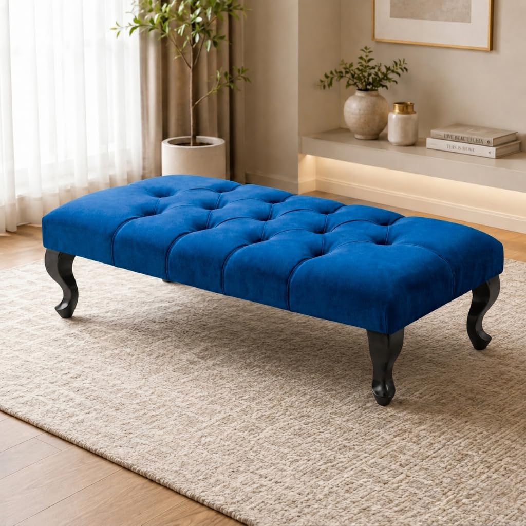 Aiza Chesterfield Velvet Footstool Bench Black Legs 102cm - Blue