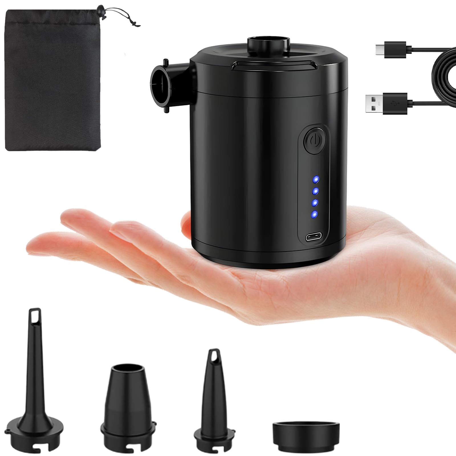 Pompa Elettrica Portatile per Materasso Gonfiabile con 4 Ugelli, Gonfiatore Elettrico 5200mAh per Gonfiare Sgonfiare, Pompa Aria Riempimento Essere Rapido per Materassino Campeggio, Piscina Gonfiaggio