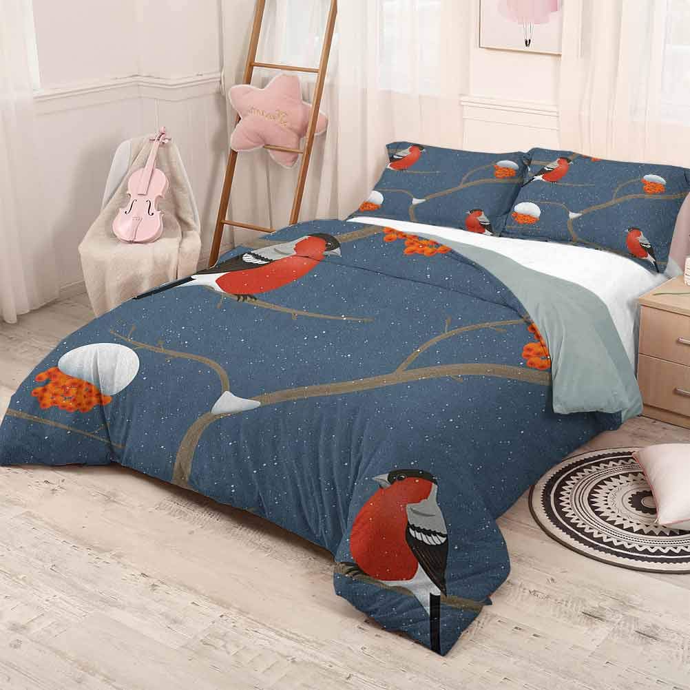 prunushome Rowan 3 Piece Bedding SetsWinter Pattern with Snowy Tree Branches Orange Berries and Bullfinch Birds Good Choice as a Gift Dark Blue Orange Red 90x90in/20x30inx2