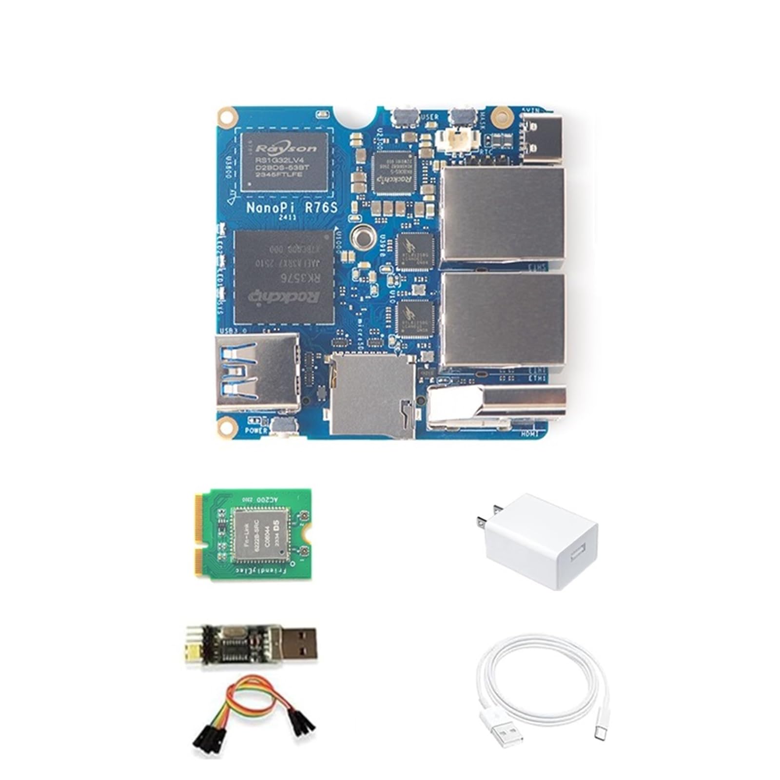 NanoPi R76S Mini Router, RK3576 Octa-Core SoC with AI Model, LPDDR5 16GB RAM 32GB eMMC, 6TOPS NPU,Dual 2.5G Ethernet, Support M.2 Wi-Fi Module (with M.2 WiFi, LPDDR4X 4GB, Power Kit)