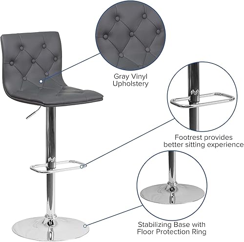 Miniatura 5 de Flash Furniture Taburete de bar contemporáneo de vinilo gris capitoné con botones y altura ajustable con base cromada