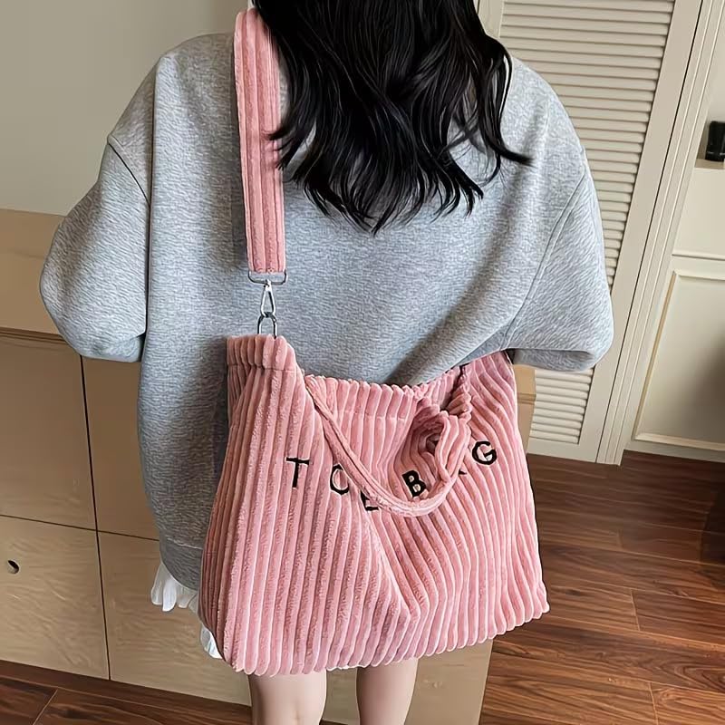 Image of Kawn Korean Tote Bag Aesthetic Corduroy Canvas Handbag for Women Zipper Casual Large Capacity Shoulder Bag with Pockets Versatile Everyday use for College Work Travel & Shopping