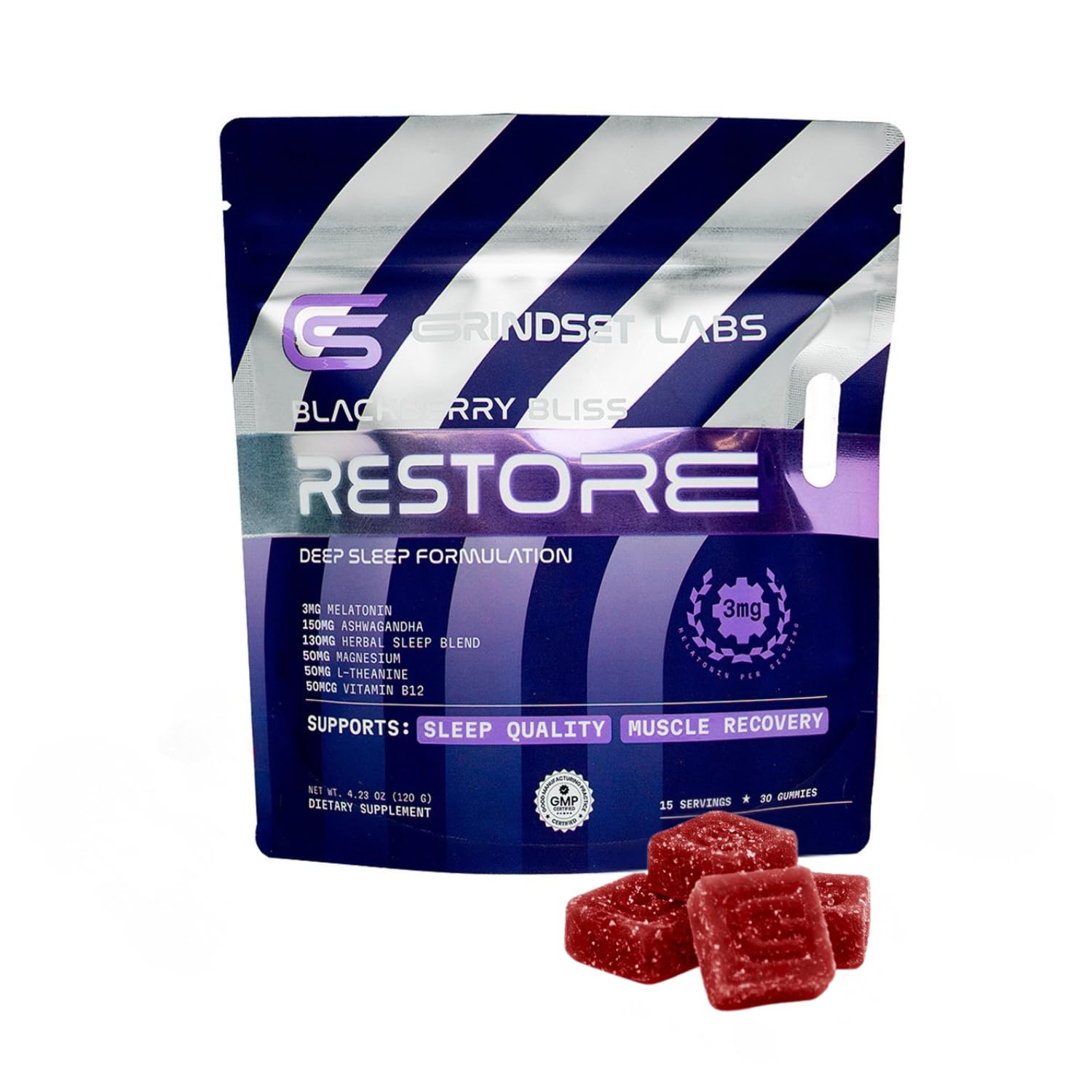 GRINDSET LABS Suplemento para o Sono em Gomas com ashwagandha KSM-66, magnésio, L-teanina, melatonina 3 mg e vitamina B12, 30 gomas