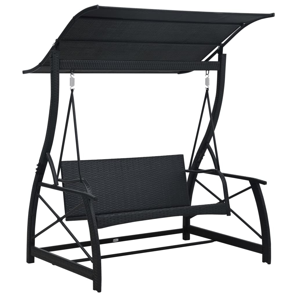 vidaXL Columpio Balancín Jardín 3 Plazas y Toldo Asiento Silla Patio Hamaca Aire Libre Pabellón Dibujos Balcón Exterior Negro Ratán Sintético