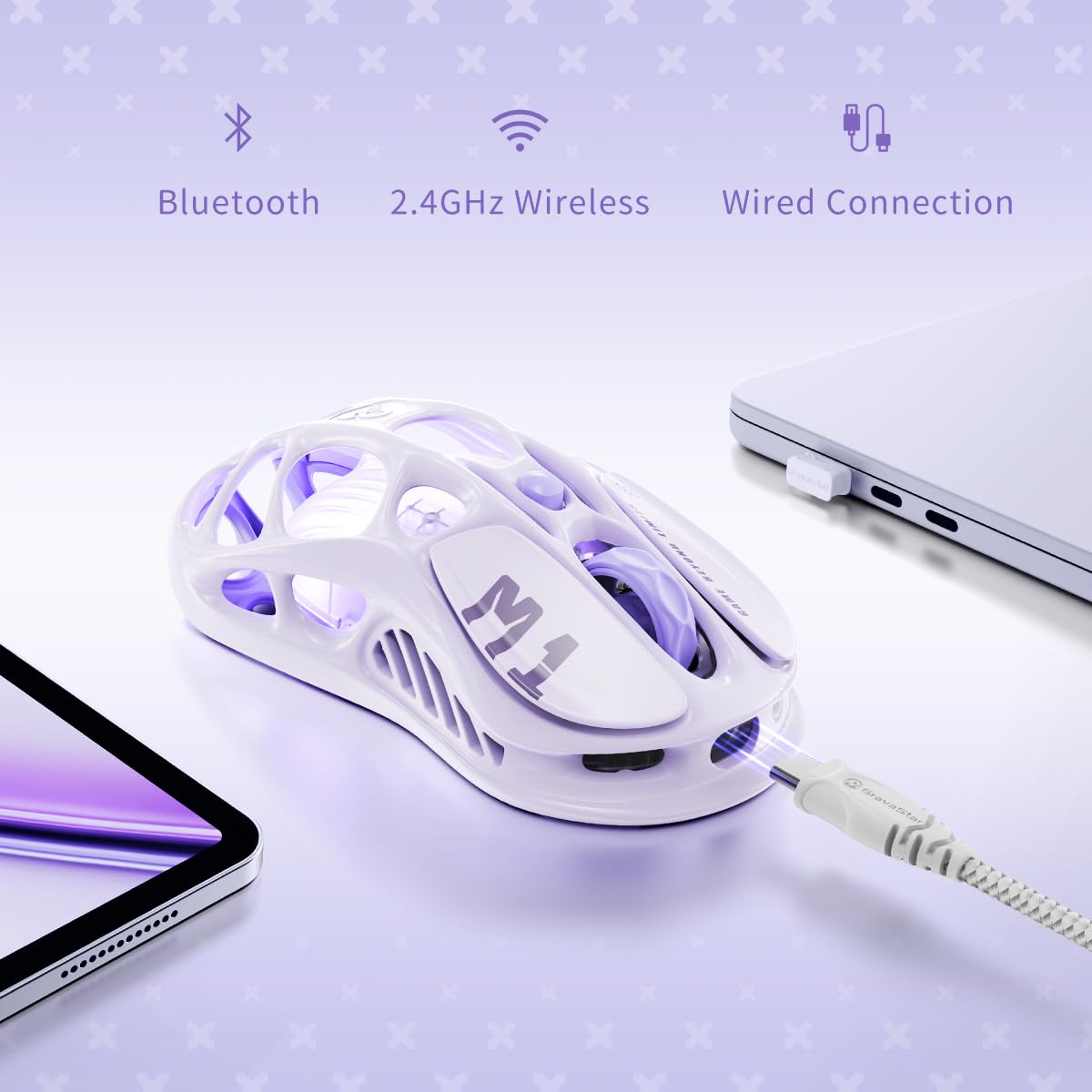 GravaStar Mercury M1 Pro mysz gamingowa, lekki stop magnezu, 26 000 DPI, czujnik PAW3395DM, 5 programowalnych przycisków, kabel/2,4 G/BT, akumulator do 200 godzin (fioletowa)