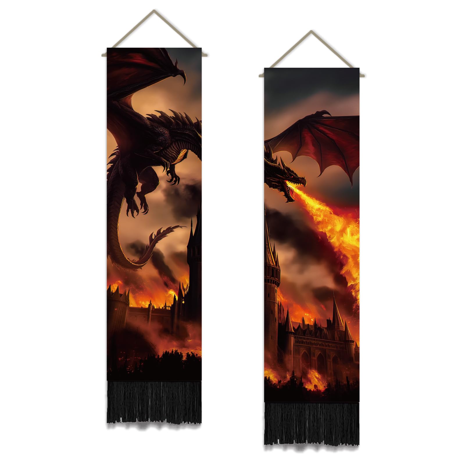 SUPERDANT 2 Pcs Fire-Breathing Dragon Tapestry Vertical Wall Hanging Fantasy Castle Fabric Banner for Living Room Bedroom Entryway Office Decor 130x33cm/51x13in