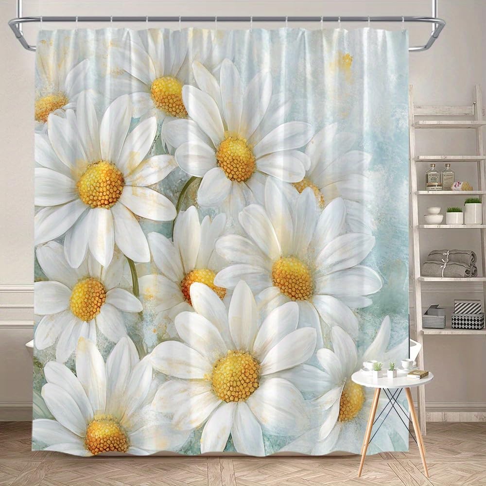 Glwdmb U-14 1 Piece 180X220cm White Daisies Printed Shower Curtain With Hook, Polyester, For Windows And Walls, Bathtub, Bathroom, Machine Washable, All Season Universal