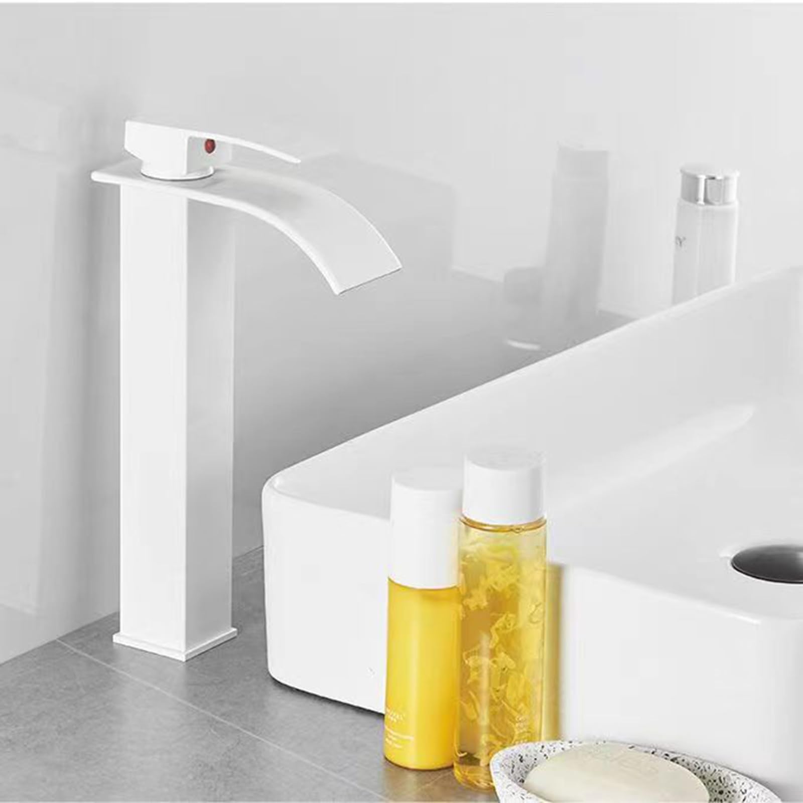 HCFYAUIS Tall Basin Mixer Tap Waterfall Hot and Cold Waterfall Bathroom Tap Single Lever Tall Taps for Bathroom Basin,White