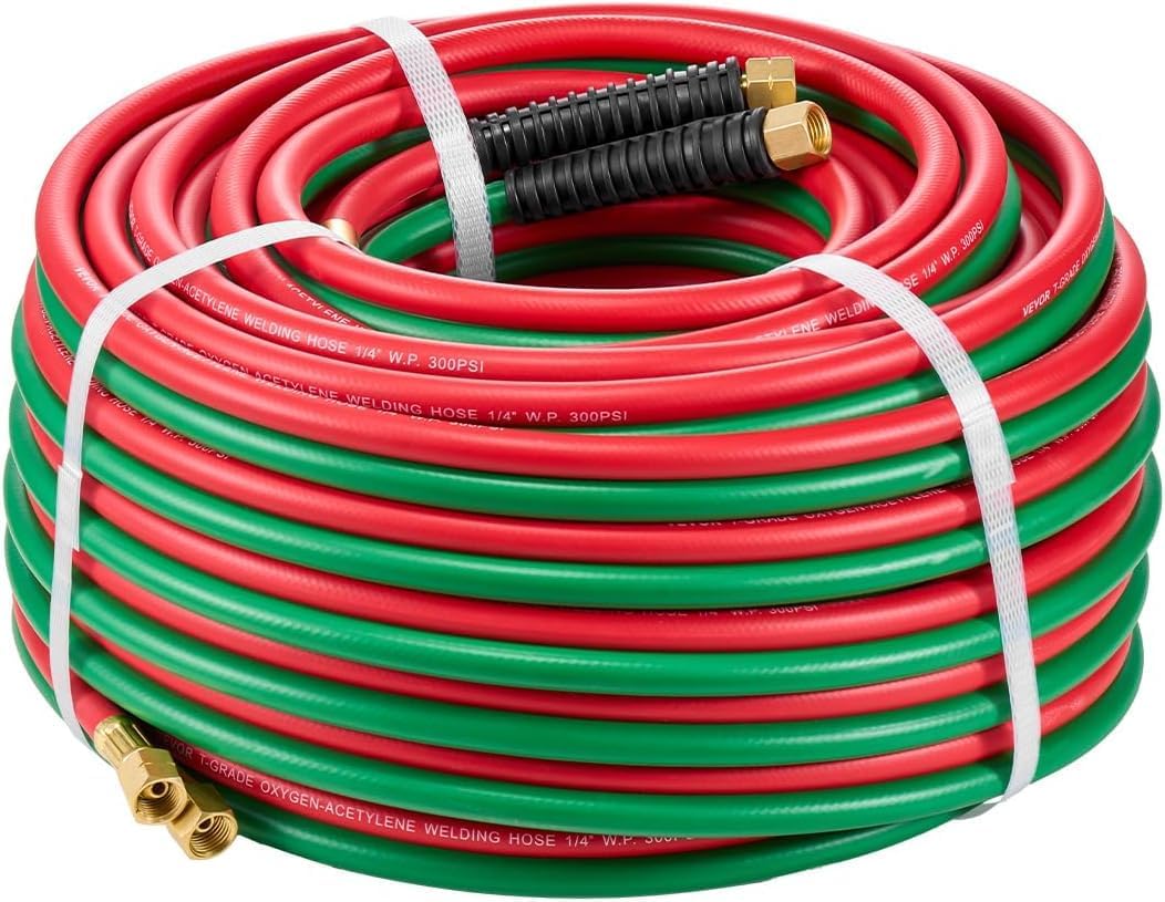Oxygen Acetylene Hose, 1/4-Inch x 100FT Oxy Acetylene Hose with 9/16"-18 B Fitting, 300PSI T Grade Welding Cutting Torch Twin Hose, Compatible with Oxygen, Acetylene,Propane and Other Fuel Gases