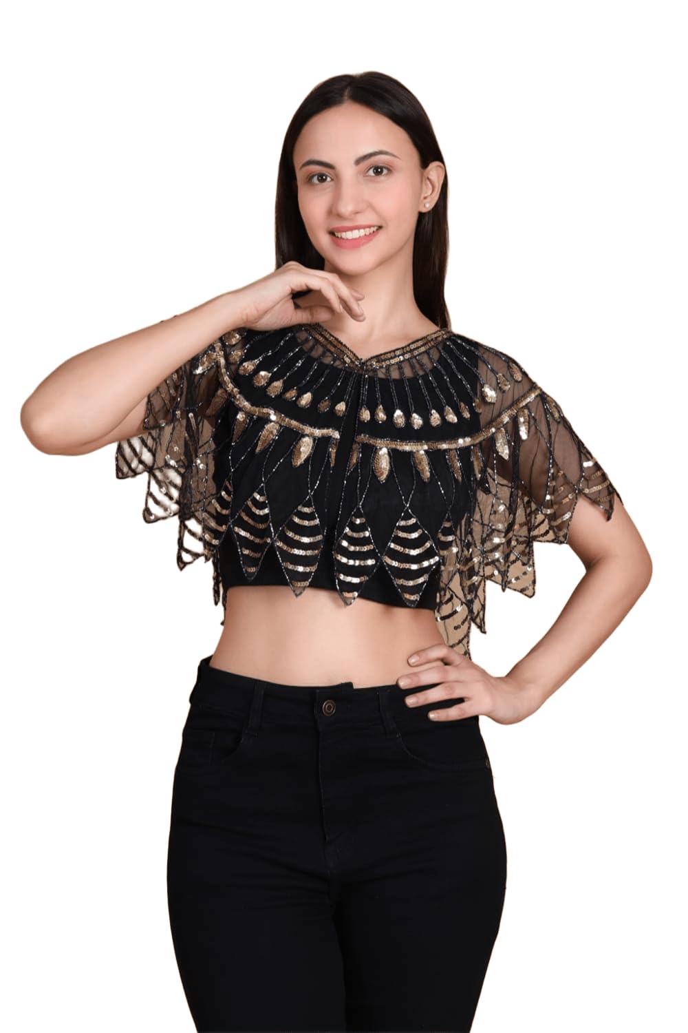 Women’s Sequin Embellished Sheer Poncho Cape | Lightweight Crop Overlay | Mesh Short Capelet for Sarees, Dresses & Western Outfits – Black & Gold.-picture-31