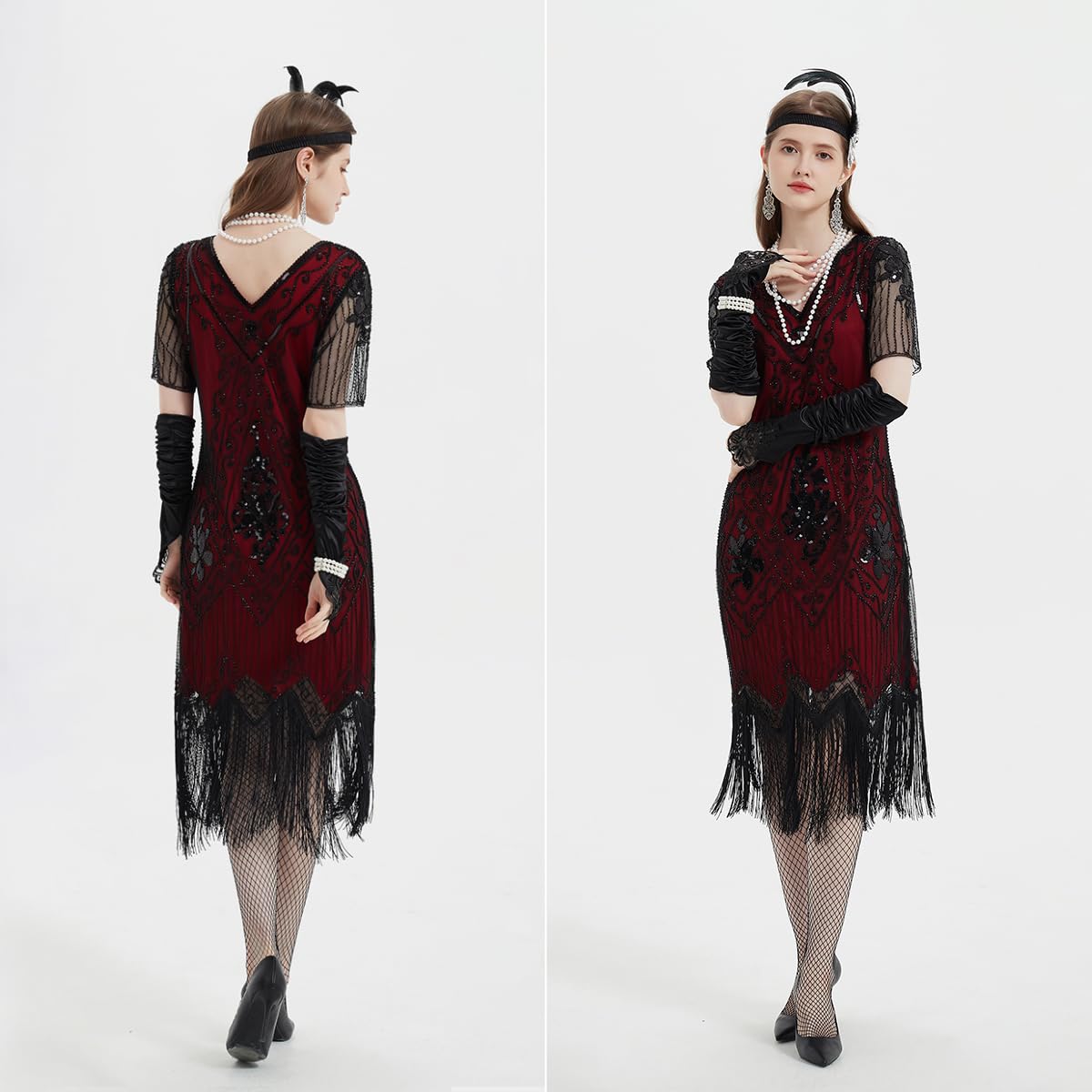 WILDPARTY Robe garçonne des années 1920 à paillettes avec col en V et franges en dentelle et accessoires des années folles