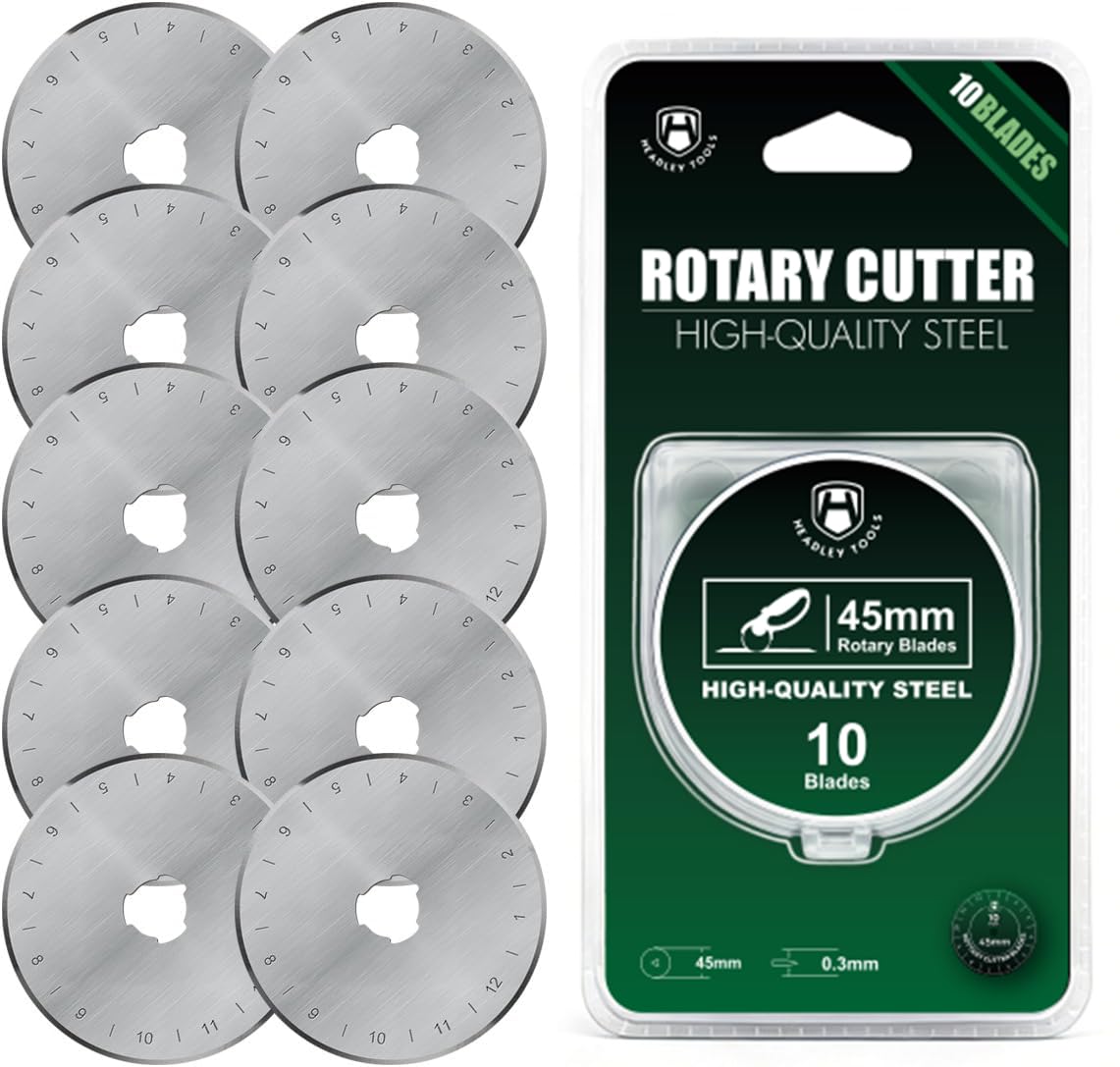 HEADLEY TOOLS 45mm Rotary Cutter Blades 10 Pack Fits Olfa, Fiskars, Replacement Rotary Blade for Arts Crafts Quilting Scrapbooking Sewing, Sharp and Durable