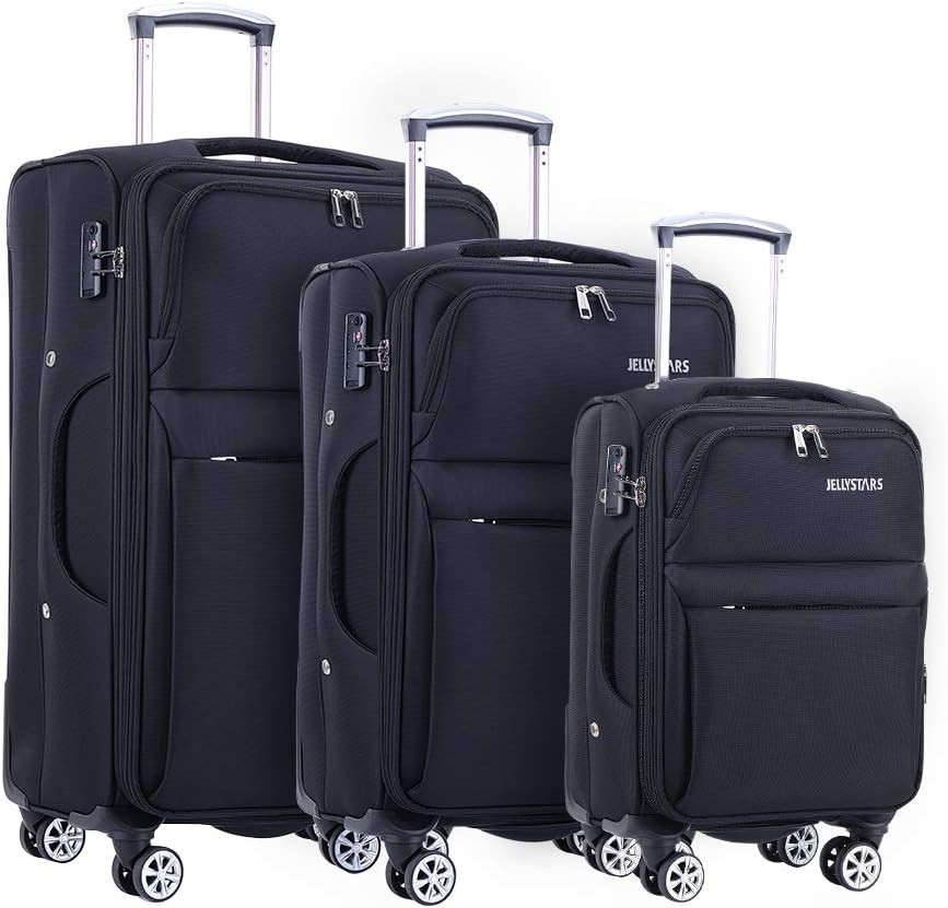 JELLYSTARS Updated 3 Piece Luggage Sets for Women Men Softside 360 Degrees Spinner Travel Suitcases with Wheels Rolling Suit Case Carry-On 20 inch 24 inch 28 inch Black Color