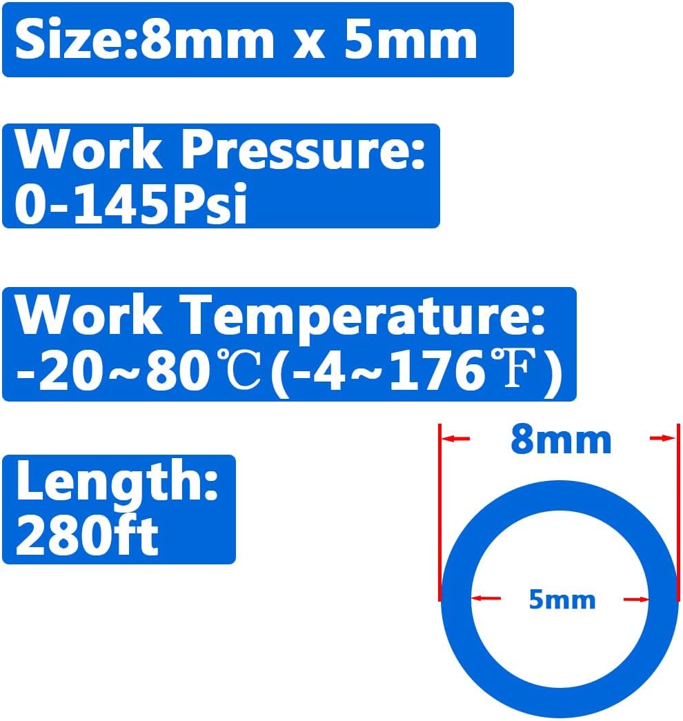 Pneumatic 8mm x 5mm Tubing 280Ft PU Air Tube Hose Pipe for Air Line or Water Transfer (Blue)