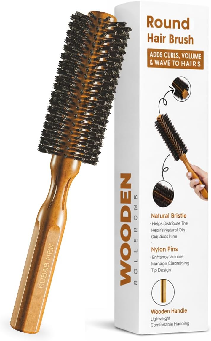 Premium Round Hair Comb for Men & Women| Natural Bristles + Soft Scalp Massage Balls + Sturdy Wooden Handle | Roller Hair Brush for Straightening, Volume, Curls, Blow Drying & Styling