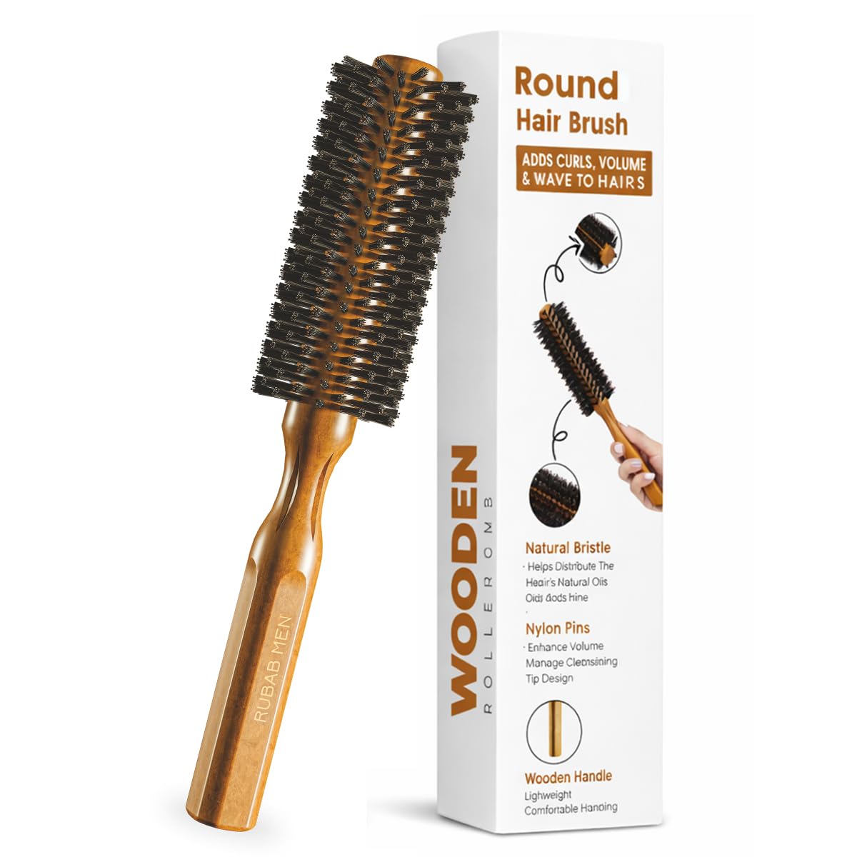 - Wooden Roller Hair Brush | Men & Women | Perfect Round Hair Comb with Natural Bristles & Scalp Massage Pins Adds Volume, Curls, Waves, Straightening & Blow Drying | For All Hair Types