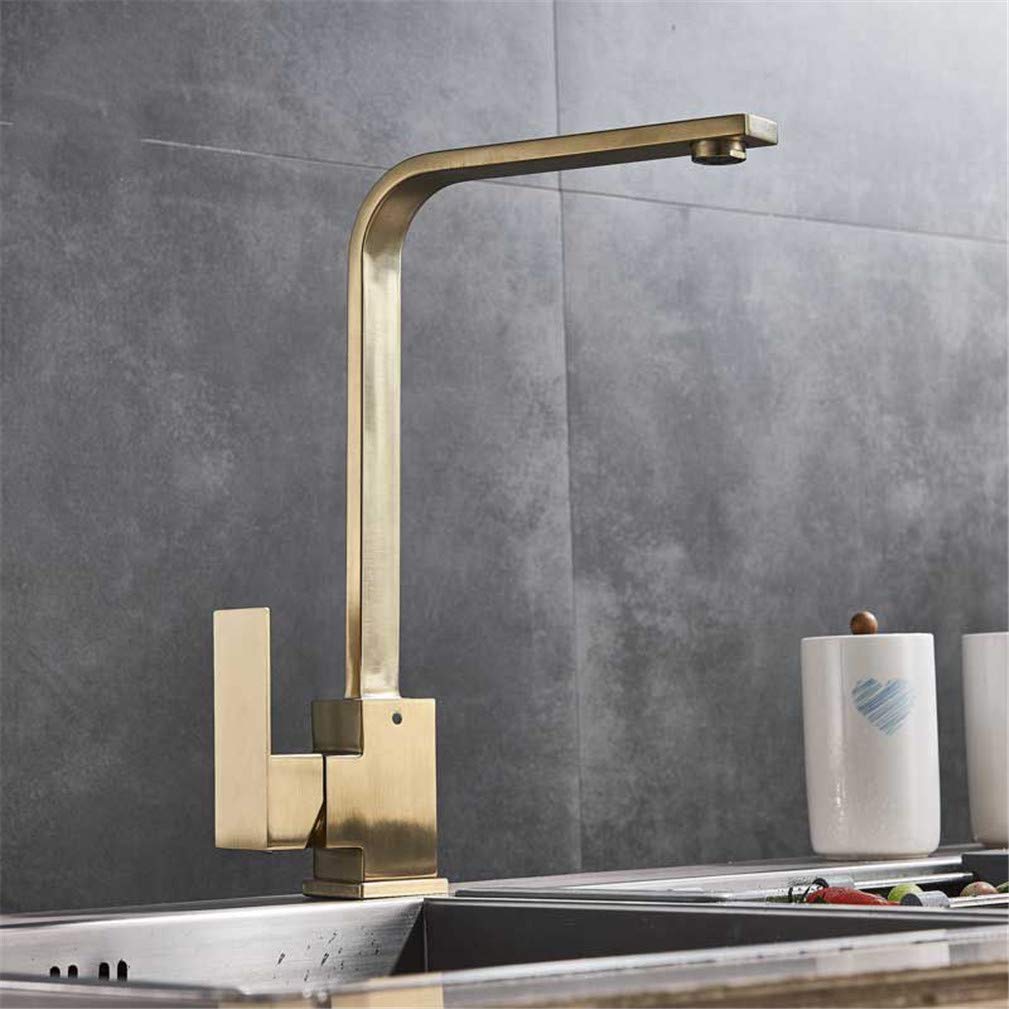Zqfhsx Golden Brushed Kitchen Faucet Hot & Cold Mixer Tap With Aerator Deck Mount 360 Rotatable Torneira Single Handle Square Style Retro